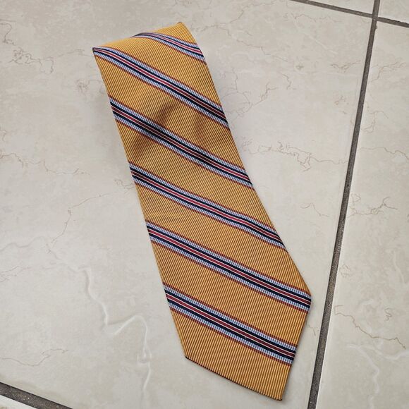 Hickey Freeman Made in USA Yellow Red Blue Repp Stripe Silk And Cotton Tie Woven - Picture 1 of 9
